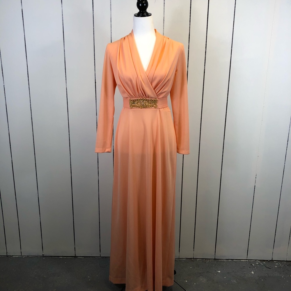 Vintage Coral Jewelled‎ Empire Tie Waist Maxi Dress Sz M